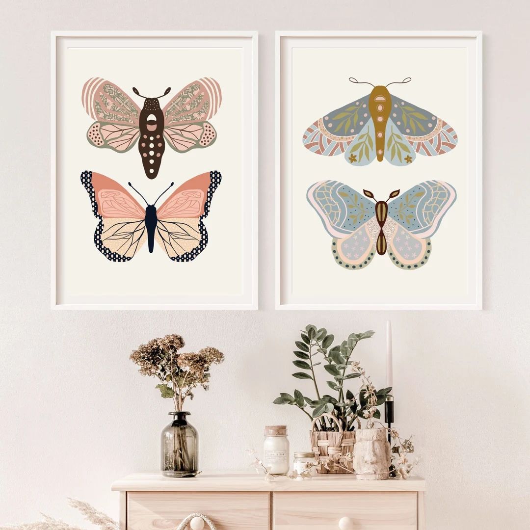 Butterfly Wall Art Set, Boho Butterflies, Printable Art, Digital Print, Girl's Room Decor, Modern... | Etsy (US)