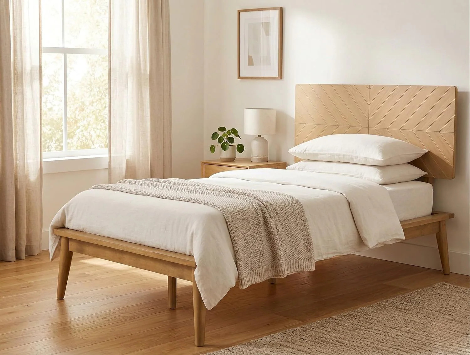 Allforwood Loki Solid Wood Bed Frame Queen Premium Platform Bed with Chevron Headboard Design and Wood Slat Support Light Oak one_size | 902101 | Lowe's