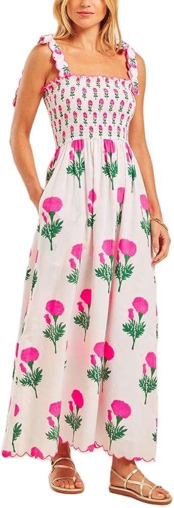 Womens Summer Floral Boho Tie Maxi Dress Sexy Backless Spaghetti Strap Smocked Sun Dress Long Flo... | Amazon (US)