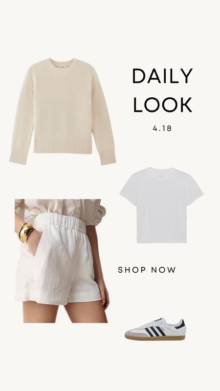 Daily Look 4.18 | white tee, ivory sweater, white linen shorts, adidas samba sneakers 



#LTKshoecrush #LTKfindsunder100 #LTKSeasonal