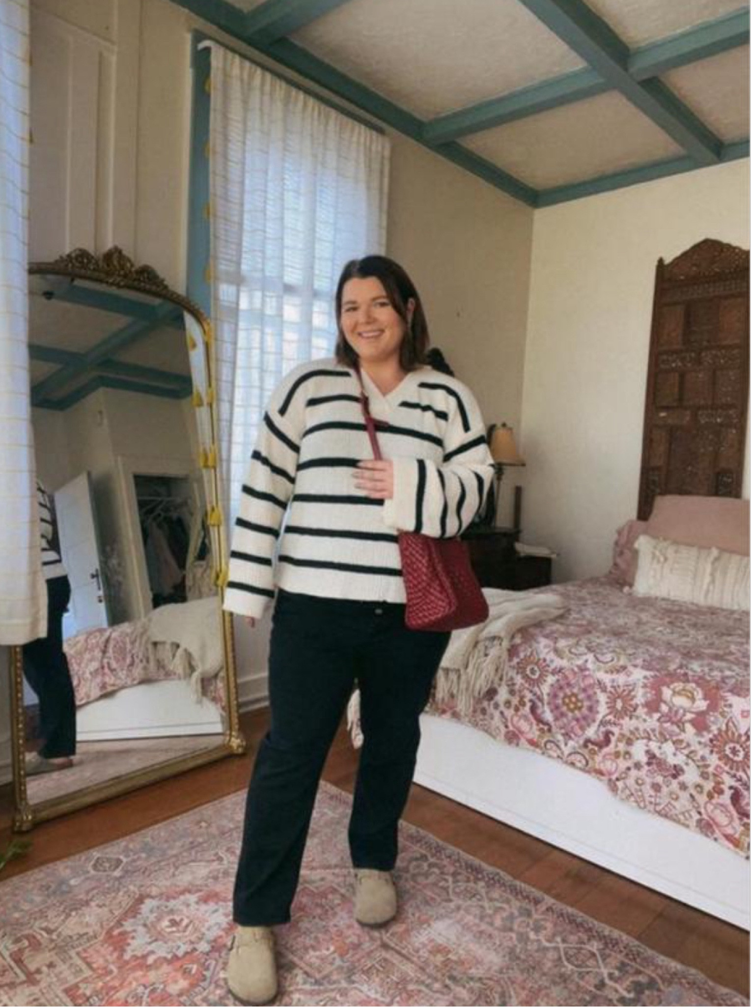 Sweatah weathah but midsize pregnant edition. At this point no sweater is long enough 😂 but this one from @petalandpup is very cute! They sent me some stuff to try and also gave me a discount code FYI!! Wearing size XL. Paired it with my Abercrombie maternity jeans size 33 short & birk bostons of course. And the pop of red from my new Anthropologie bag! 

#LTKSeasonal #LTKbump #LTKmidsize