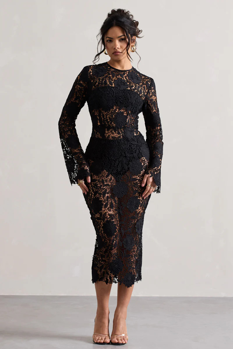 Scandal | Black Lace Long-Sleeved Midi Dress | Club L London