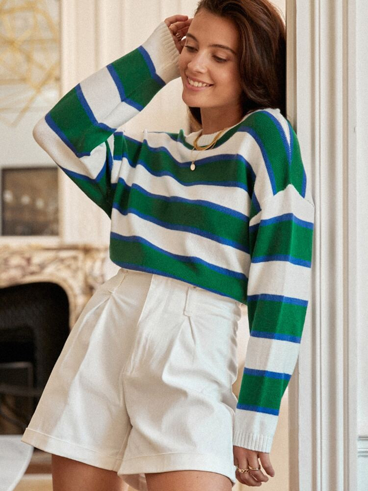 SHEIN Frenchy Block Striped Drop Shoulder Sweater | SHEIN