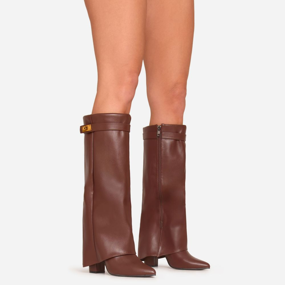 Ava Lock Detail Pointed Toe Knee High Block Heel Boot In Brown Faux Leather | EGO (UK)