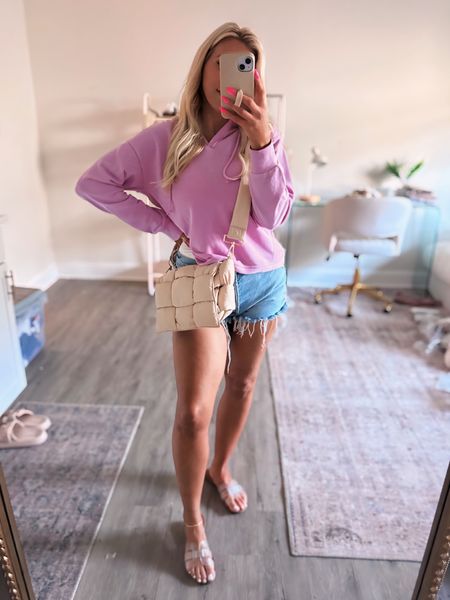 Size small in this Walmart sweatshirt top- size up if you want a looser fit 

My favorite denim shorts are pricey but they’re going 3 years strong. Shorter in the front and longer in the back- I do my true size 28 