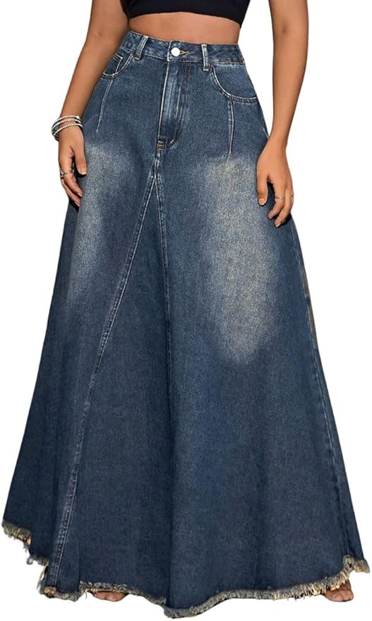 Women's Vintage Full Length Denim Skirts High Waisted Frayed Raw Hem Flared A Line Maxi Long Jean... | Amazon (US)