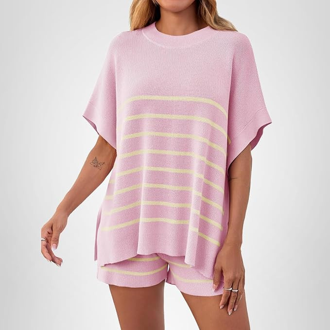 Fisoew Women's Striped 2 Piece Outfits Oversized Batwing Short Sleeve Tops High Waisted Shorts Su... | Amazon (US)