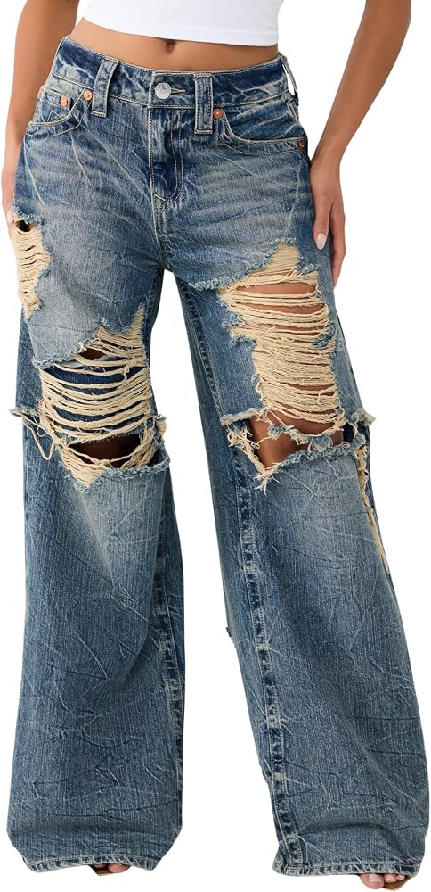 True Religion Women’s Destroyed Jessie Layered Baggy Jean – 100% Cotton Denim, Baggy Fit, Statement Style - Huntington Fade W/Destroy, 33 | Amazon (US)