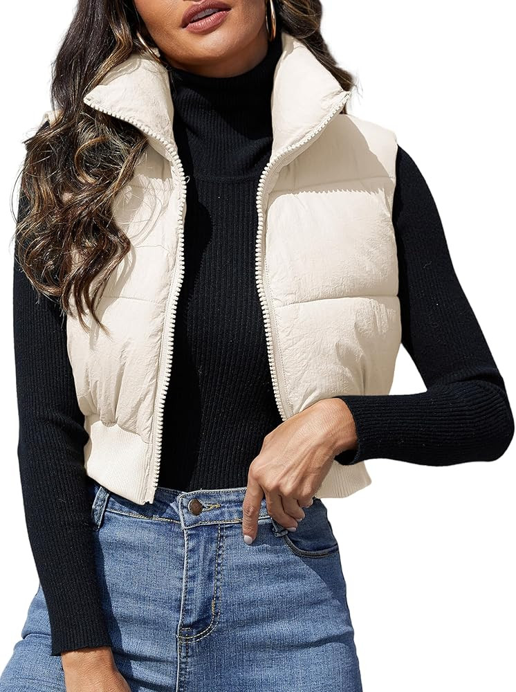 Dqbeng Puffer Vest Women Zip Up Stand Collar Sleeveless Outerwear Cropped Puffer Vest Padded Gile... | Amazon (US)