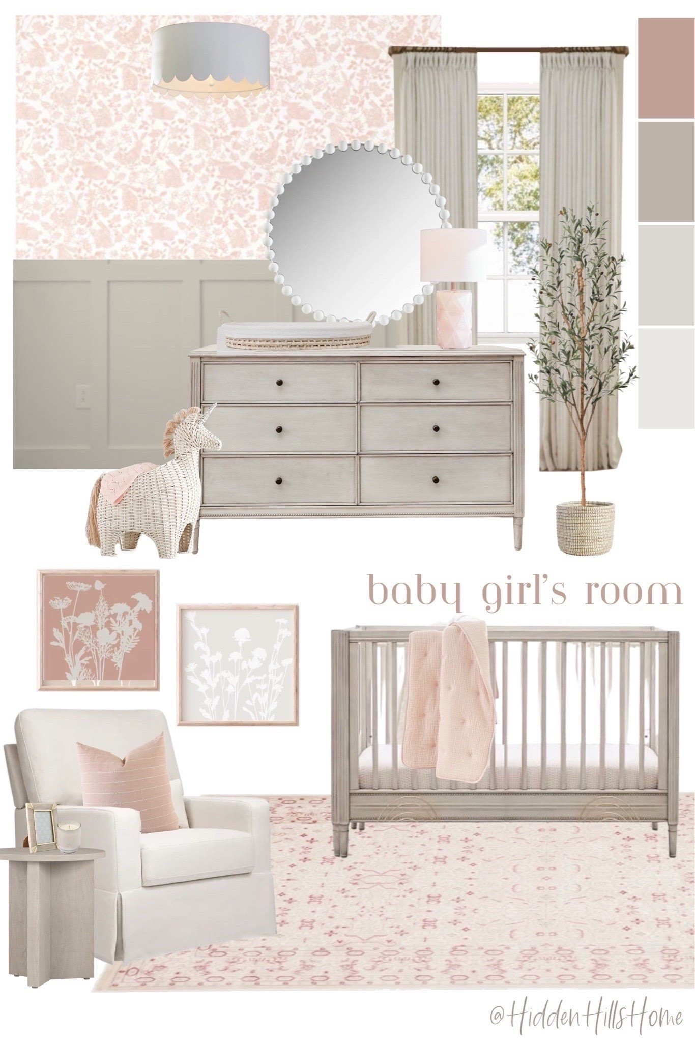 Baby girls nursery decor mood board! Cute ideas for a girls nursery, baby’s room decor inspiration, pink nursery wallpaper, nursery ideas, glider, crib #nursery
