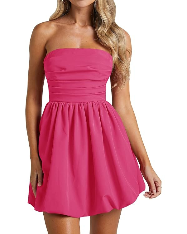 Wenrine Women's Sexy Strapless Summer Mini Dress Sleeveless Smocked A Lined Bubble Wedding Club P... | Amazon (US)