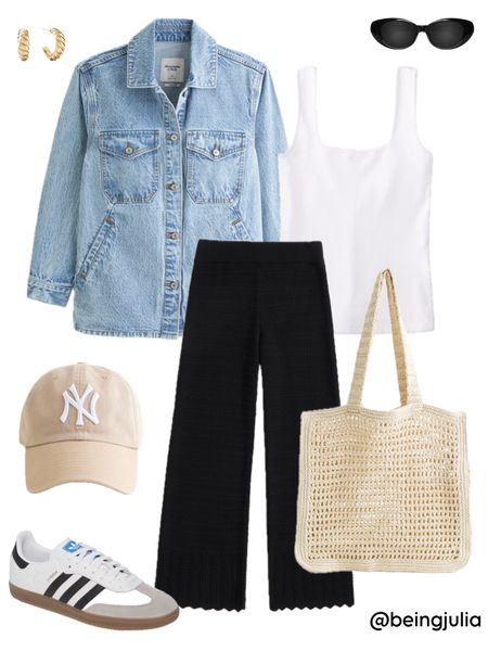 Casual spring outfit inspiration! Details below:

-Long denim jacket 
-Black crochet wide leg pants
-White seamless tank top
-Straw tote bag
-Beige baseball cap
-Adidas samba sneakers 
-Celine Triomphe sunglasses 
-Gold croissant dome hoop earrings 


#LTKstyletip #LTKfindsunder100 #LTKSeasonal