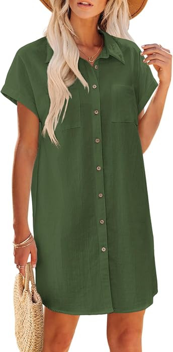 Zeagoo Summer Dresses for Women 2026 Cotton Button Down Short Sleeve Tshirt Dresses Casual Mini B... | Amazon (US)