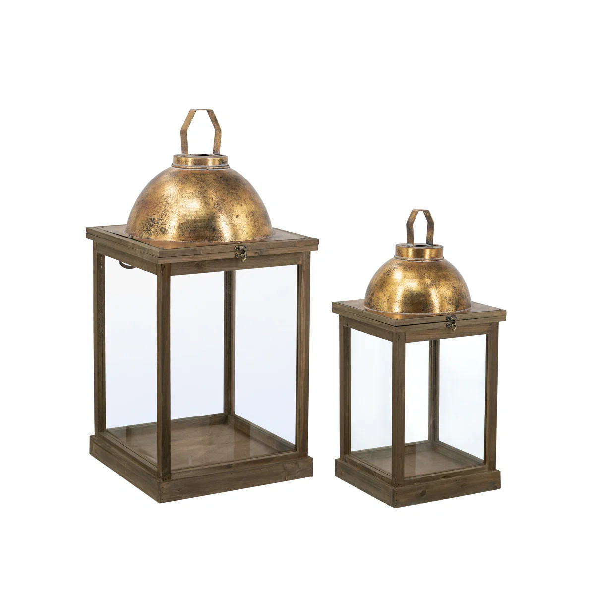 S/2 Brown Wooden Lanterns With Clear Glass Panels And Gold Metal Dome Accents L:14x14x28.5" S:11x... | Wayfair North America