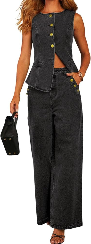 loveimgs Women 2 Piece Denim Set Button Sleeveless Jean Vest Denim Top Y2k Shirt Wide Leg Jeans P... | Amazon (US)