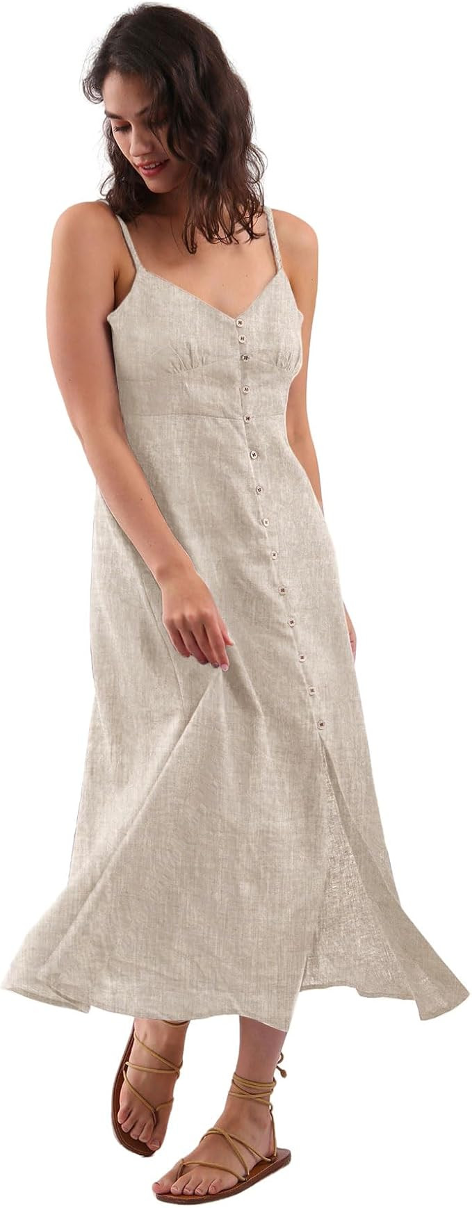 Amazhiyu Womens 100% Linen Summer Spaghetti Strap Button Down Midi Dress Casual | Amazon (US)