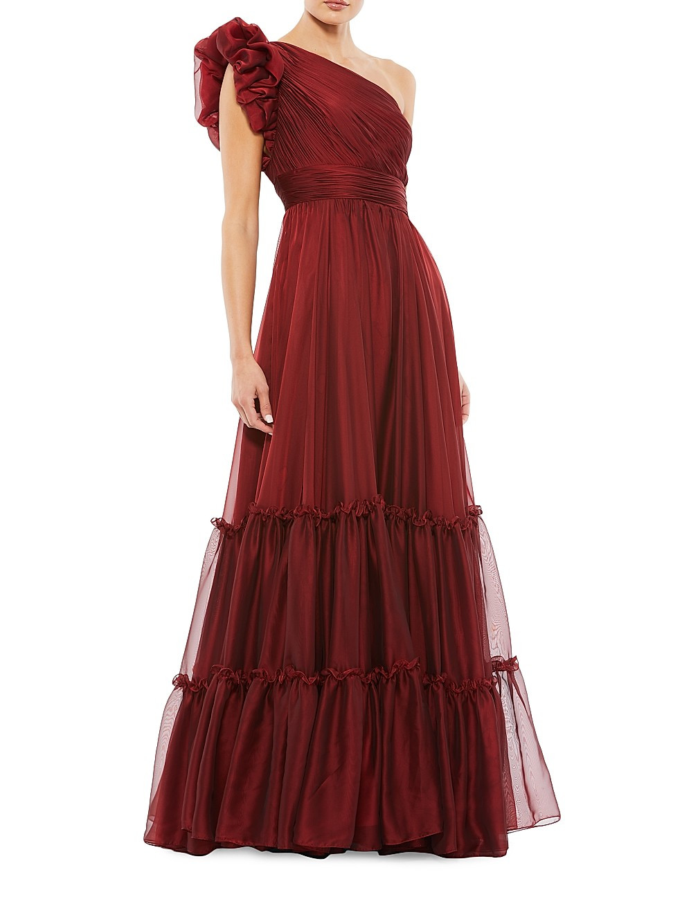 Women's One-Shoulder Tiered Chiffon Gown - Wine - Size 12 | Saks Fifth Avenue
