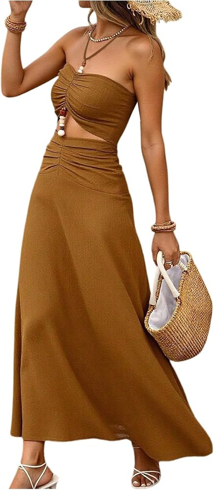 SOLY HUX Women's Halter Maxi Dress Summer Ruched Cut Out Beaded Flowy Dresses Beach Vacation Clot... | Amazon (US)