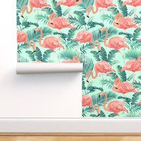 Flamingo Wallpaper - Pink Flamingos On Teal Tropical Plants By Khaus Custom Printed Removable Self A | Etsy (US)