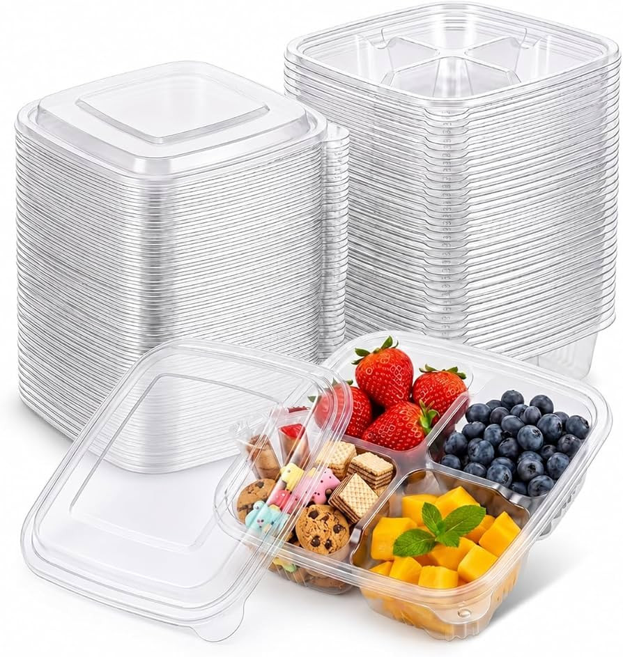 50 Pcs Snack Containers, 4 Compartment Bento Box with Lids, Plastic Food Storage Containers for W... | Amazon (US)