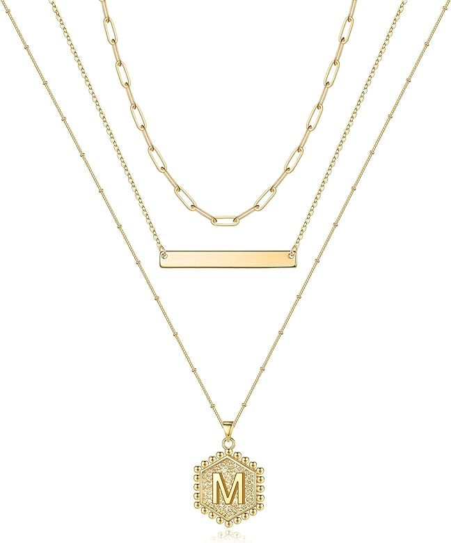 Turandoss Gold Layered Initial Necklaces for Women, 14K Gold Plated Bar Necklace Handmade Layering H | Amazon (US)