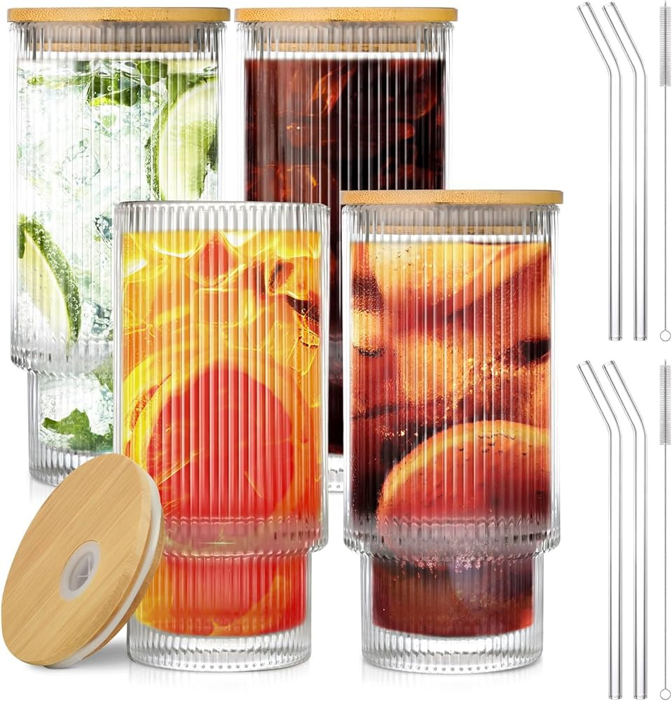 16OZ Glass Cups with Lids and Straws Vintage Glassware for Whiskey Cocktail Beer Fruit Juice Iced... | Amazon (US)
