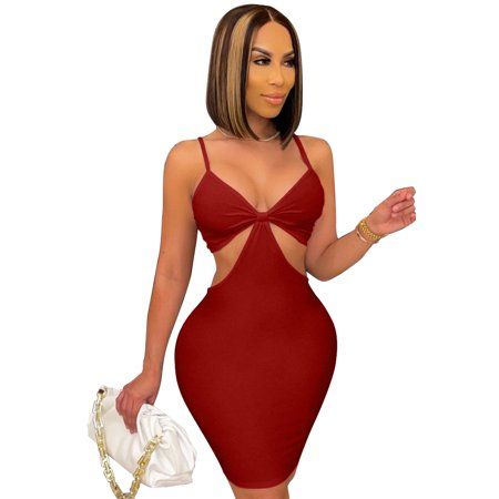 Women Wine Red Spaghetti Straps Cutout Bodycon Mini Dress | Walmart (US)