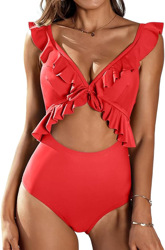 SOCIALA Womens Ruffle Cut Out One Piece Swimsuits Strappy Monokinis Swimwear Bathing Suits | Amazon (US)