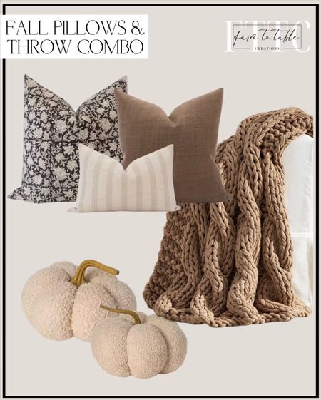 Fall Pillows & Throw Combination. Follow @farmtotablecreations on Instagram for more inspiration. Pillow Combination. Handknit Throw Blanket on Sale. Knitted Boucle Pumpkins. 

#LTKSeasonal #LTKunder50 #LTKsalealert