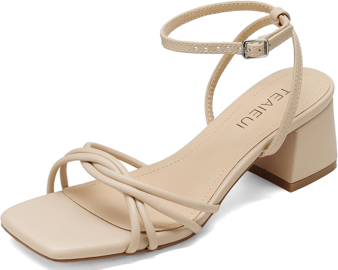 Strappy Heels for Women Square Open Toe Sandals Comfort Chunky Block High Heels Ankle Strap Weddi... | Amazon (US)