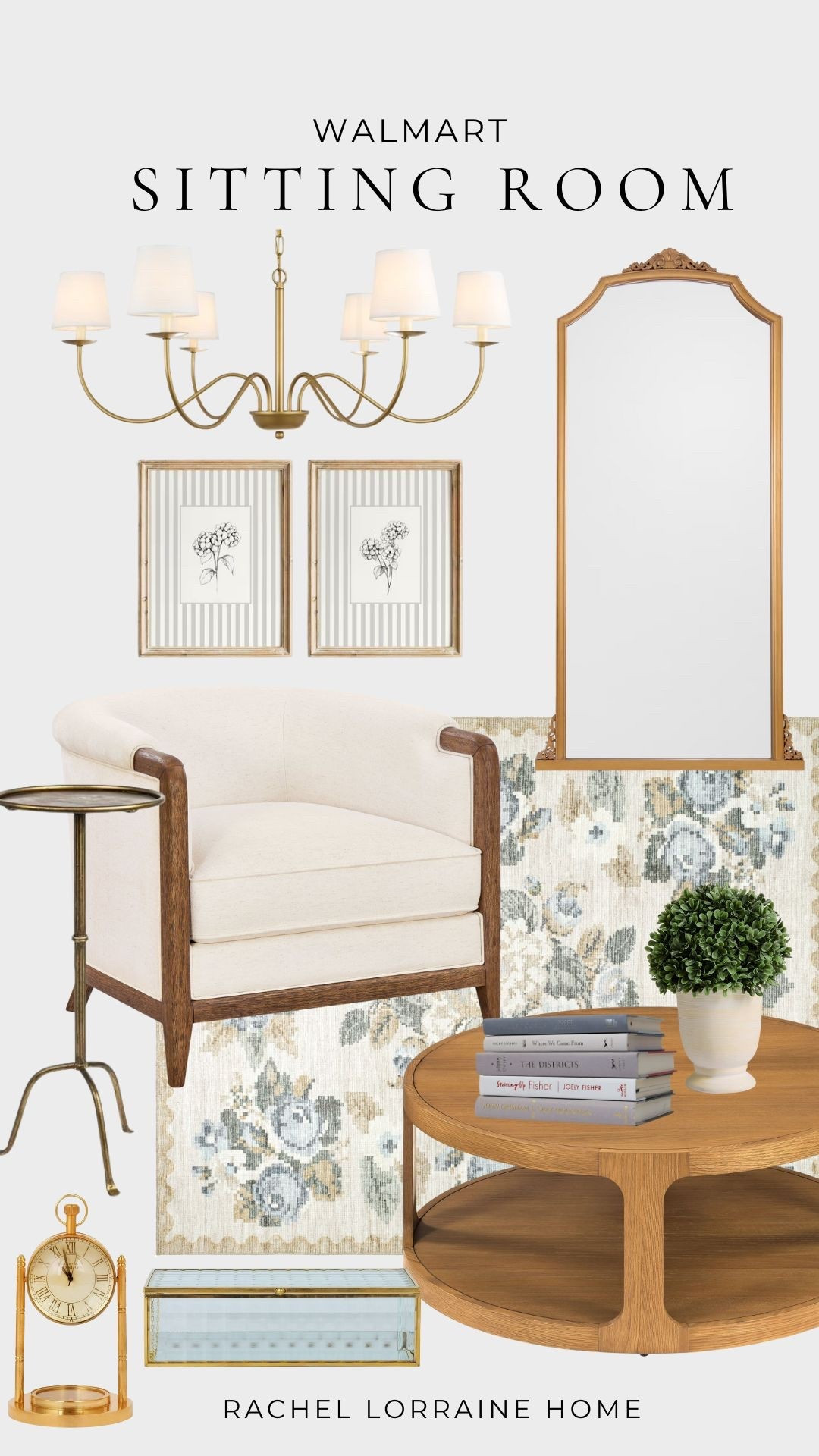 Designing a traditional living room doesn’t have to come with a high price tag. I pulled together this Walmart mood board to show how you can mix soft blue tones, classic silhouettes, and timeless accents on a budget.

The upholstered accent chair (from our Texas house!) brings such pretty structure to the space, paired with a floral rug, gold chandelier, round wood coffee table, ornate wall mirror, and botanical artwork. A simple boxwood topiary adds that charming, classic detail that completes the look.