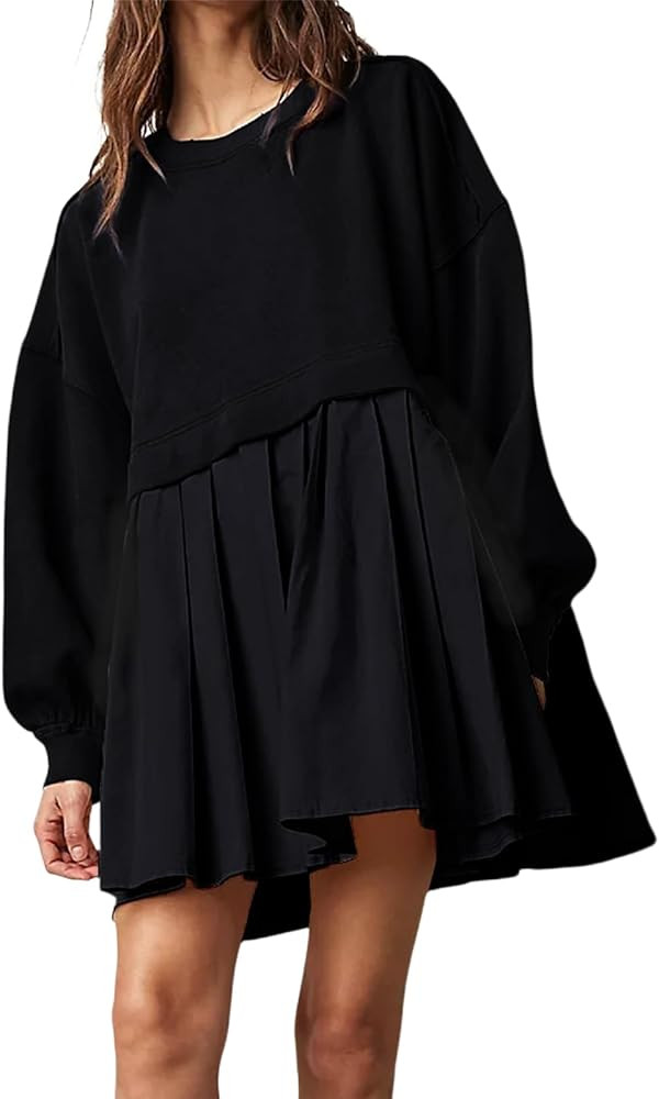 ANKICK Womens Oversized Sweatshirt Dress Casual Crewneck Long Sleeve Pullover Tops Pleated Patchw... | Amazon (US)