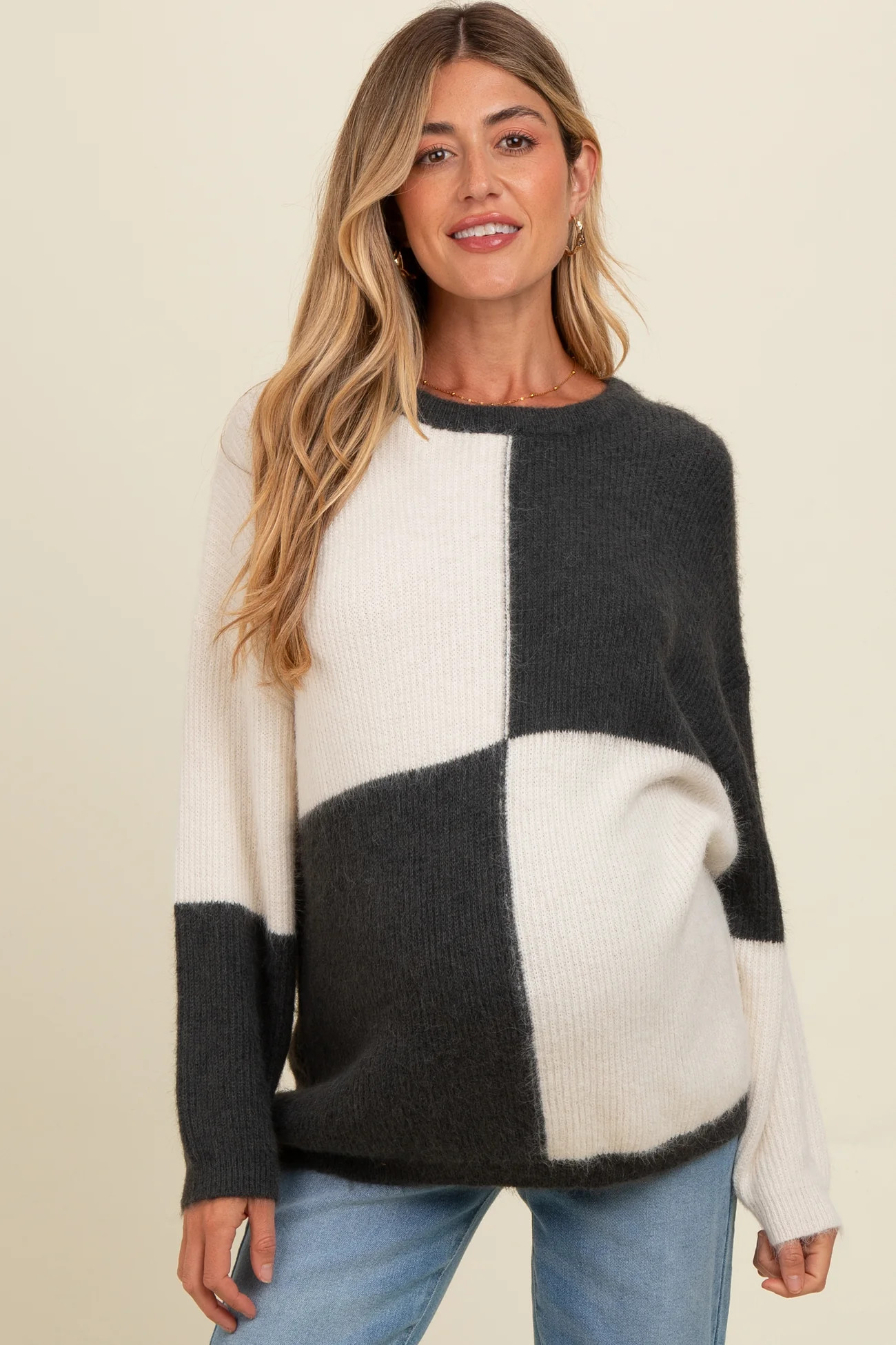 Charcoal Colorblock Checker Print Fuzzy Knit Maternity Sweater | PinkBlush Maternity