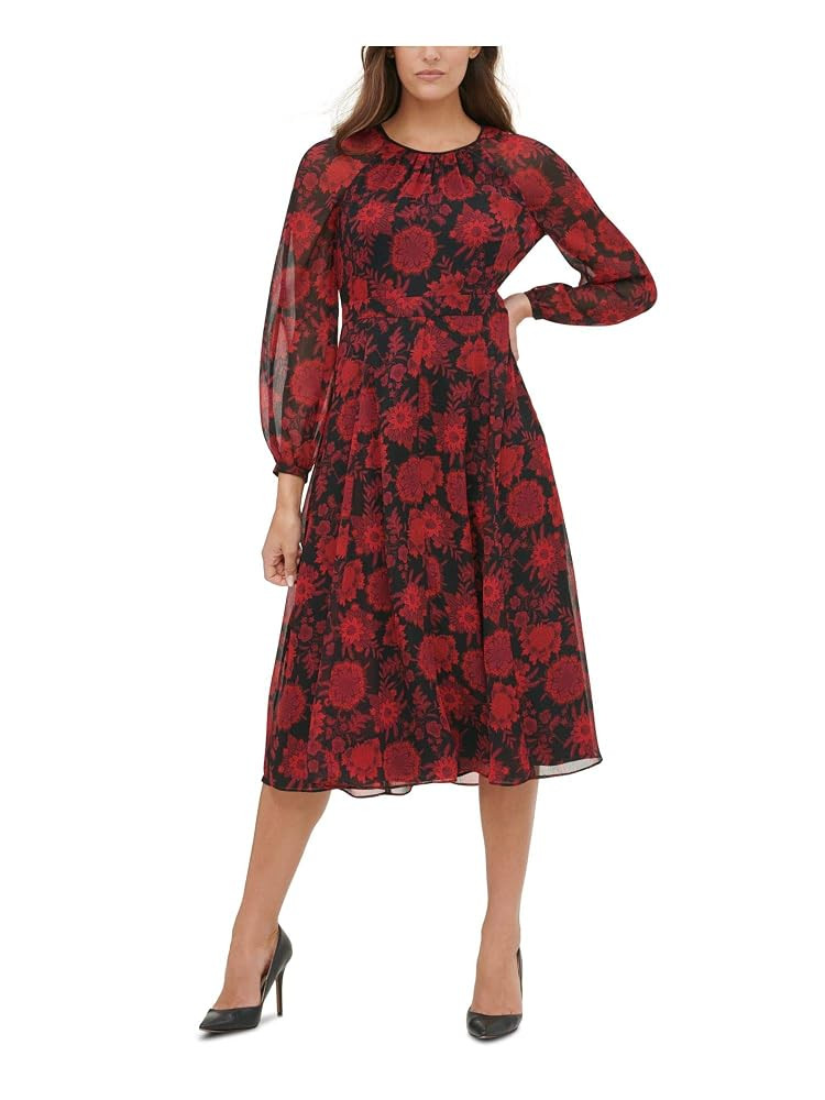 Tommy Hilfiger Womens Red Floral Long Sleeve Jewel Neck Below The Knee Fit + Flare Evening Dress ... | Amazon (US)