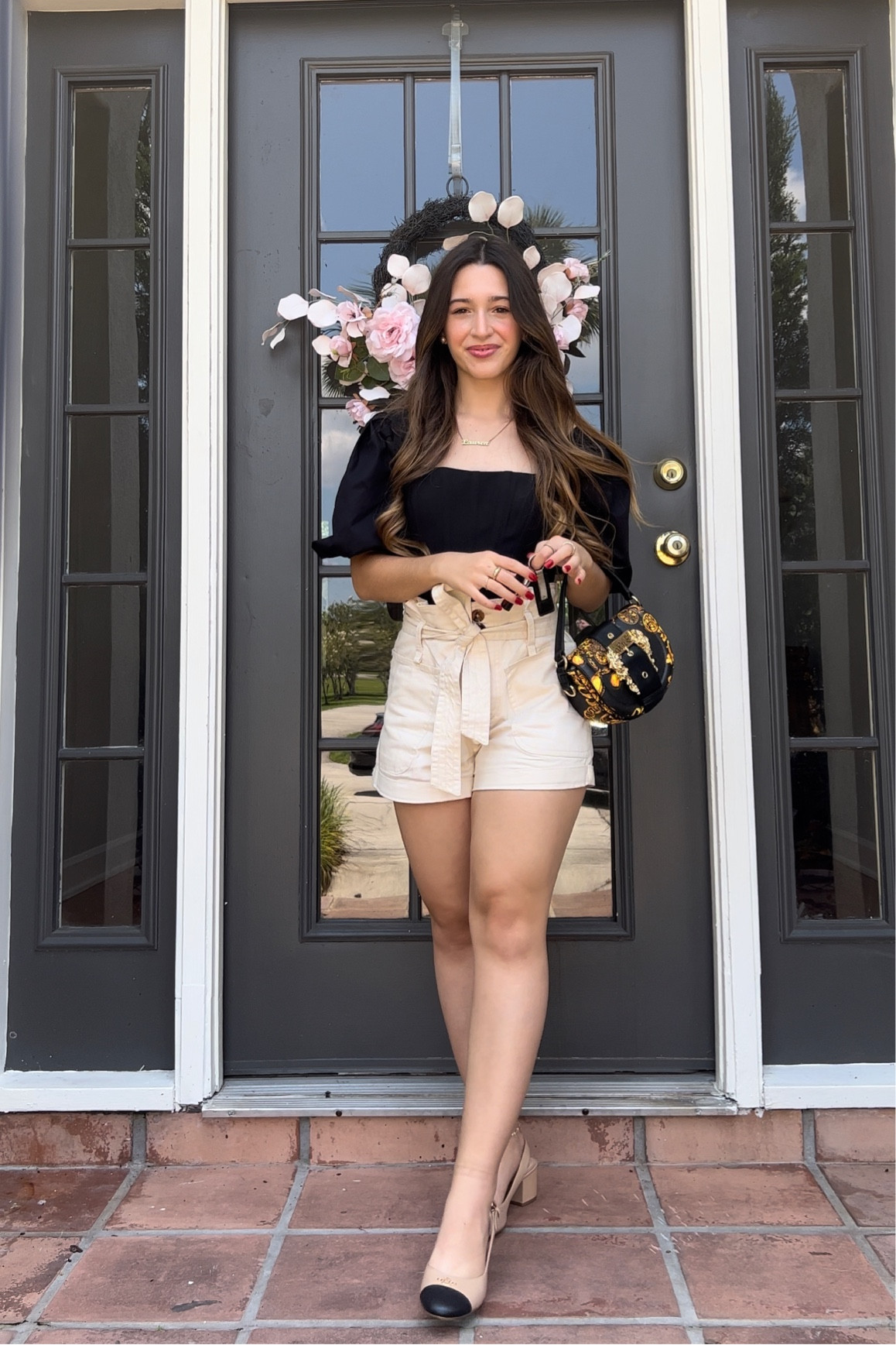 Everything outfit inspiration: black puff sleeve corset top, paper bag tan shorts, ballet sandal block heels, Versace Jean Couture shoulder bag. Xoxo, Lauren #datenight #dinner #ootd 

Follow my shop @lovelyfancymeblog on the @shop.LTK app to shop this post and get my exclusive app-only content!

#liketkit #LTKitbag #LTKshoecrush #LTKsalealert #LTKunder100
@shop.ltk