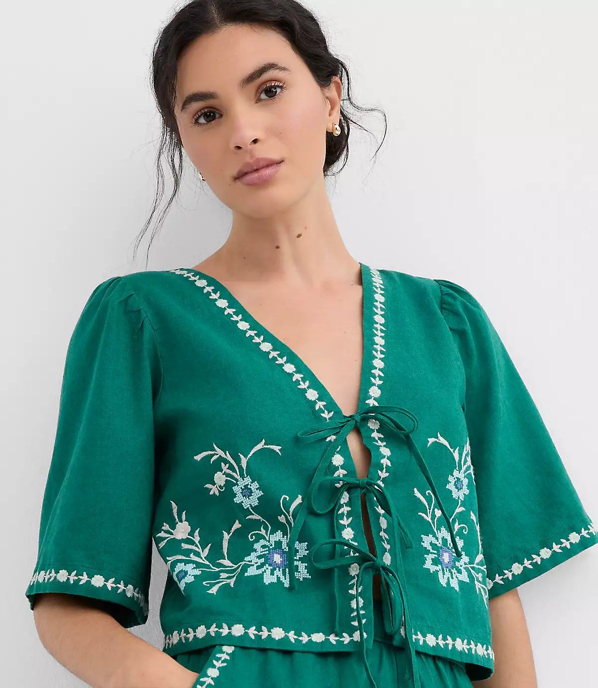 Floral Linen Cotton Bow Blouse | LOFT