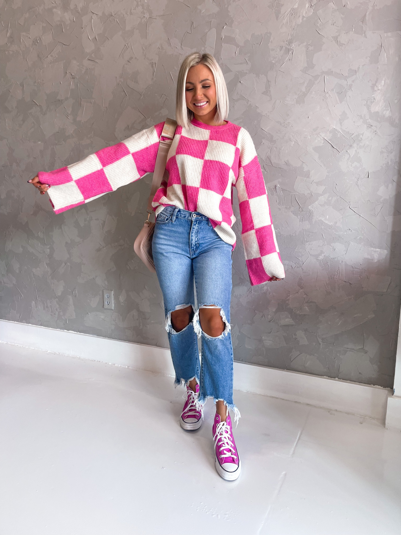 20% off my jeans and sweater with code TANNER— small in the sweater and 26 in the jeans #sweater #pink #converse #momjeans 

#LTKunder50 #LTKSeasonal #LTKHoliday