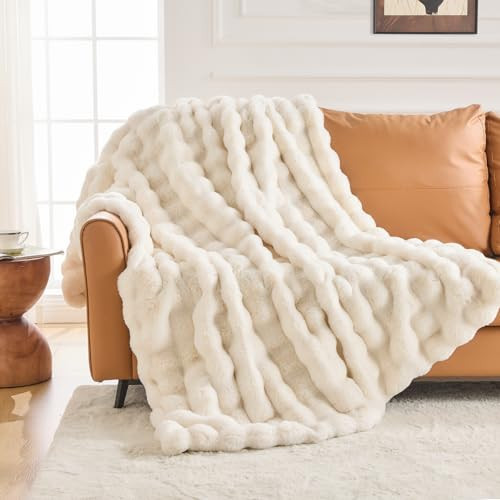IKALIFE Cozy Faux Fur Throw Blanket for Couch-Warm Fuzzy Throw Blanket, Soft Plush Thick Bubble Blankets for Bedroom and Living Room, Furry Luxury Blanket, 50 x 60, Cream | Amazon (US)