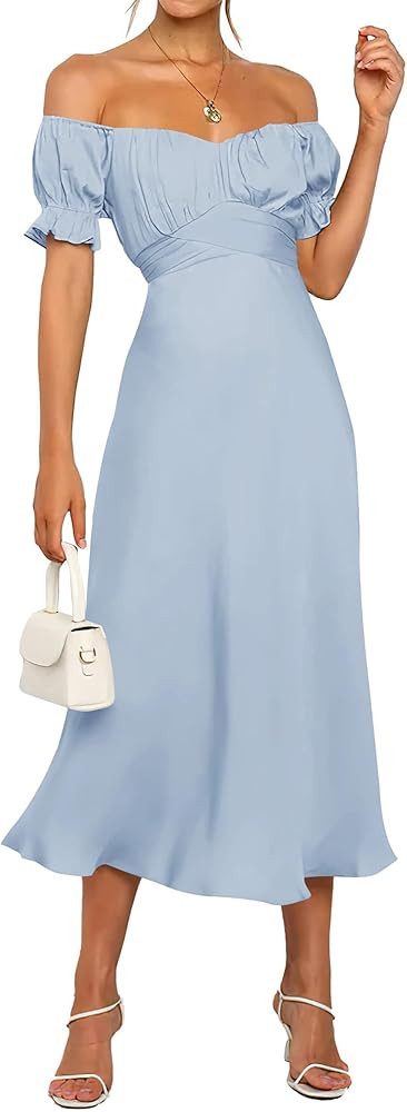 KIRUNDO Women's 2025 Summer Satin Midi Dress Off The Shoulder Wrap Ruched Wedding Guest Party Coc... | Amazon (US)