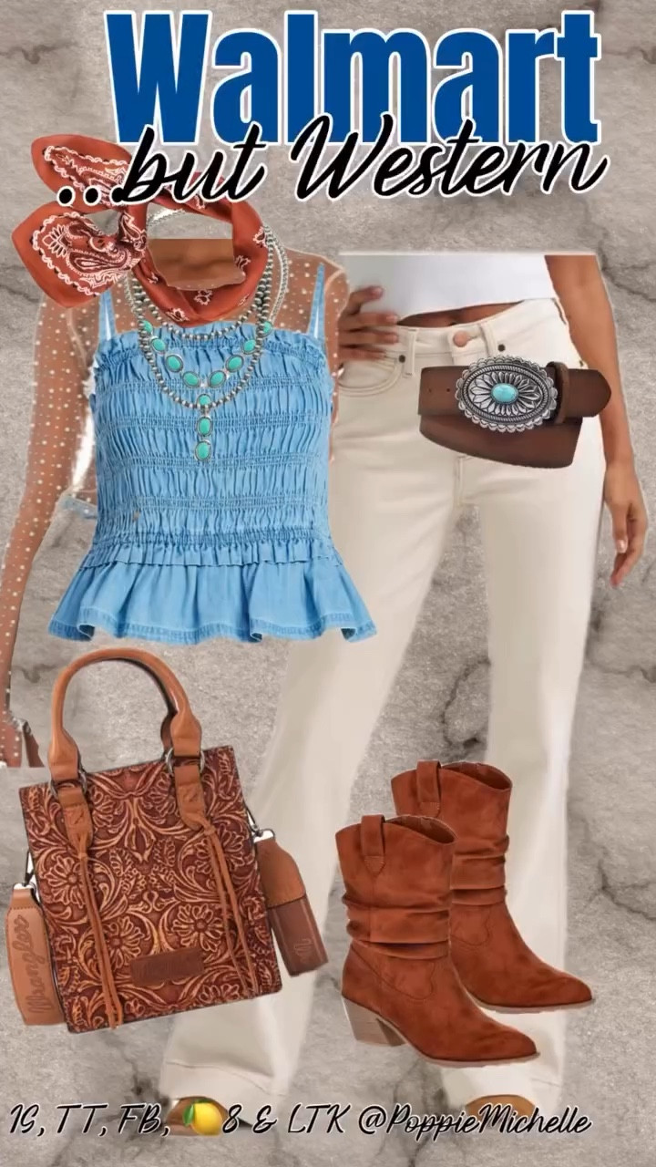 Rodeo Houston Comming at you!! Western Outfit inspiration. 
Off white wrangler boot cut trousers 
Long sleeve studded pearl sheer shirt
Denim smocked peplum top
Tooled leather western wrangler purse 
Western jewelry 
Sterling silver jewelry 
Turquoise jewelry