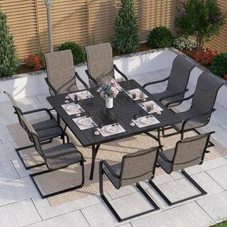 Black 9-Piece Metal Outdoor Patio Dining Set with Slat Square Table and C-Spring Textilene Chairs | The Home Depot