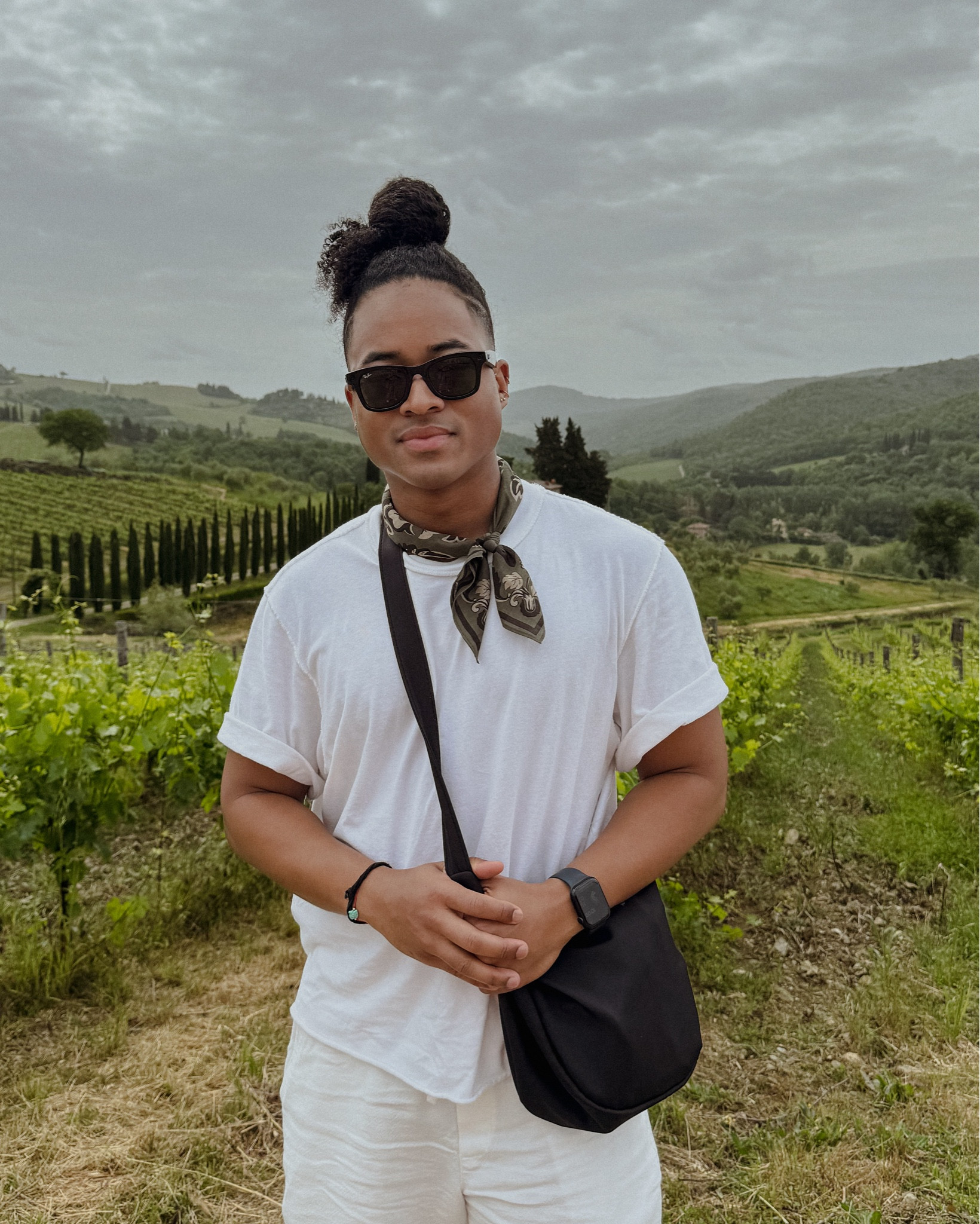 Casual monochromatic men's outfit for a day at an Italian Winery
- white oversized cropped tee
- white linen shorts 
- olive green ascot 
- black crossbody bag
- black wayfarer sunglasses 

#LTKTravel #LTKMens #LTKStyleTip