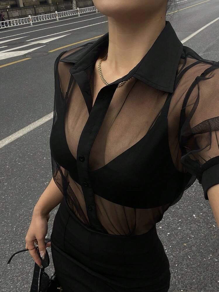 Sheer mesh chifon short sleeve blouse  | SHEIN