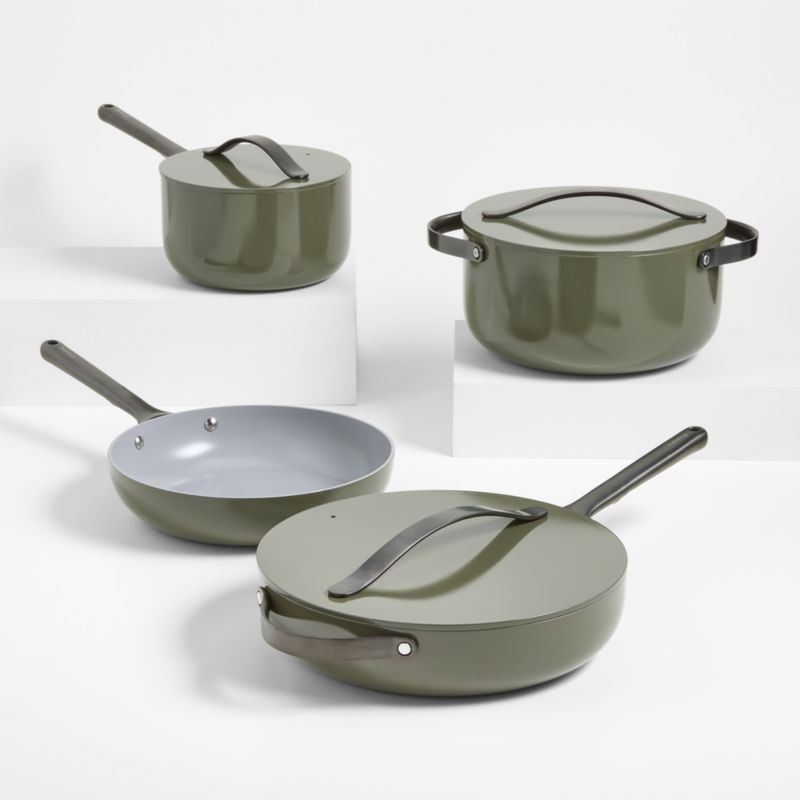 Caraway Home 7-Piece Olive Green Ceramic Non-Stick Cookware Set with Gunmetal Hardware + Reviews ... | Crate & Barrel