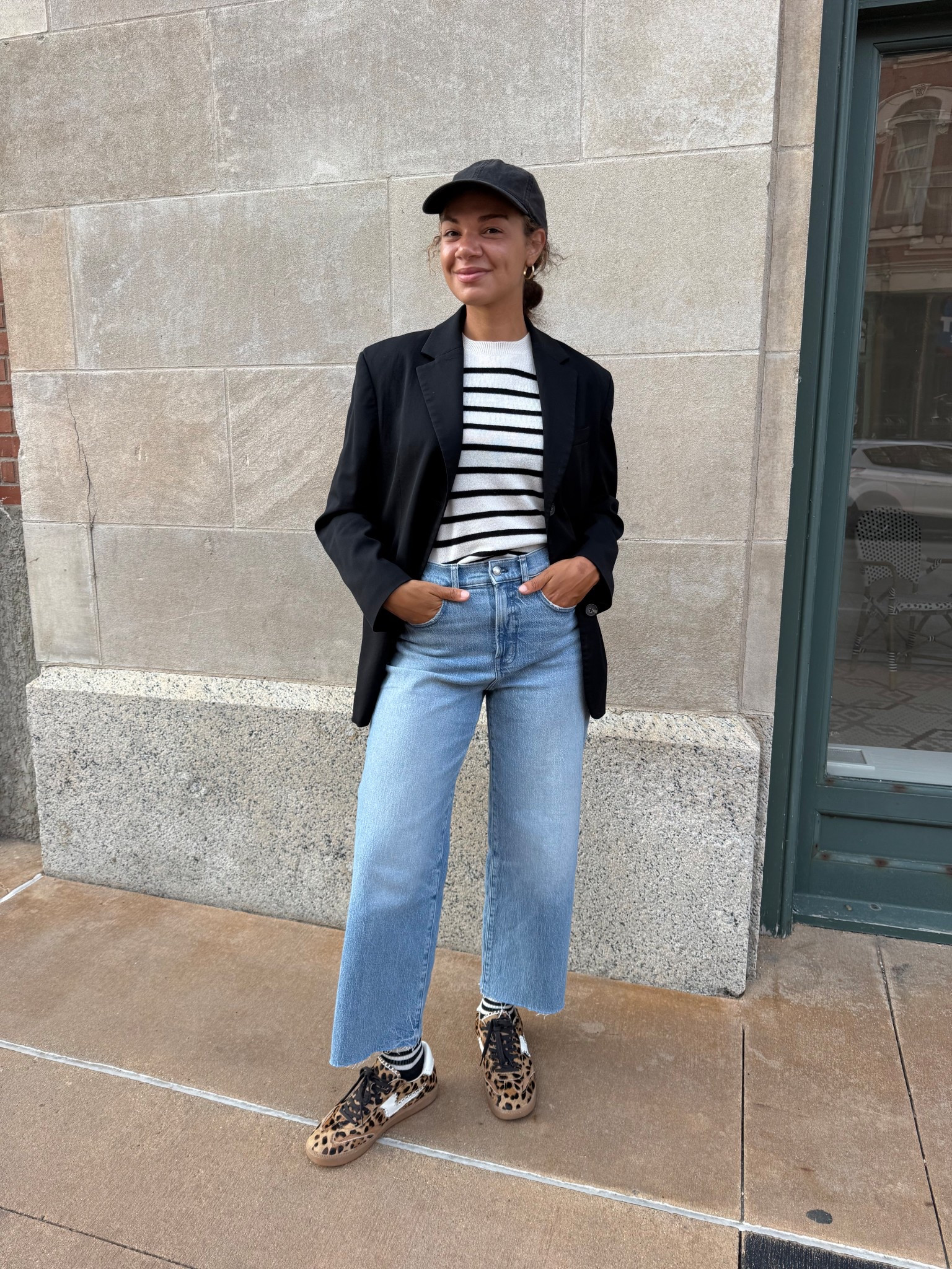 Love this casual chic outfit idea with a striped shirt, wide leg crop jeans, blazer, sneakers, and a baseball cap 

#LTKStyleTip