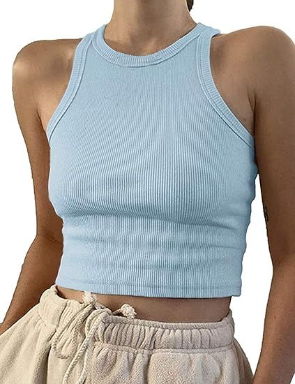 Artfish Women Casual Basic Sleeveless High Neck Rib-Knit Y2k Crop Tank Top | Amazon (US)