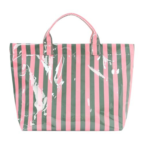 Women’s Large Capacity Striped PVC Tote Bag with Top Handle, Waterproof Lightweight Handbag for Work, Shopping & Daily Use (Green Pink) | Amazon (US)