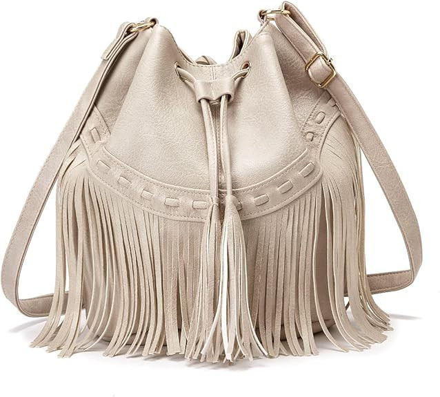 Leather Bucket Bags for Women Crossbody Fringe Purses with Drawstring Ladies Tassel Hobo and Shou... | Amazon (US)
