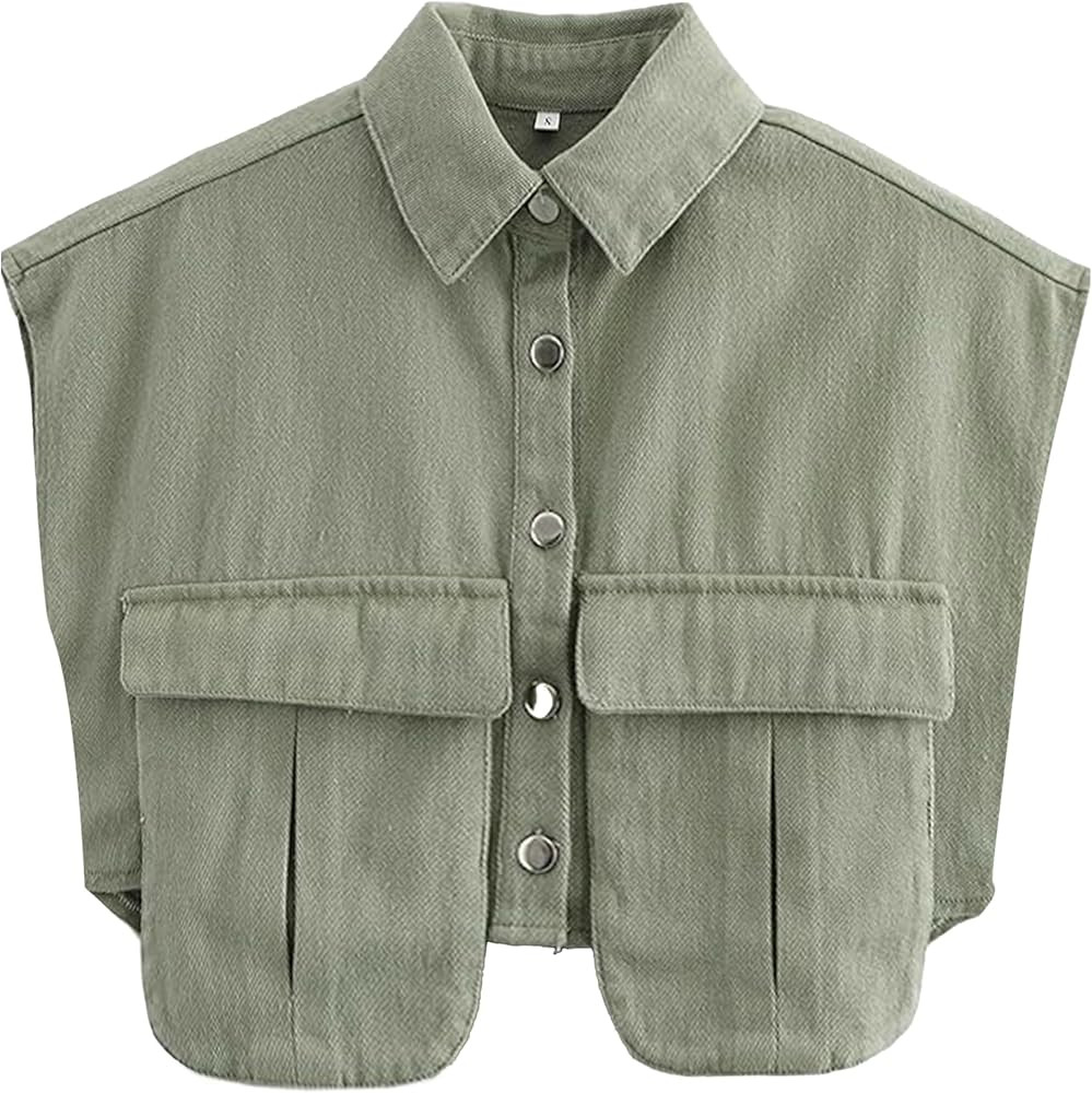 Denim Vest Women Button Down Polo Neck Cropped Loose Sleeveless Shirt Top Jean Jacket Coat with P... | Amazon (US)