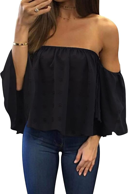 Bluetime Women Summer Off Shoulder Chiffon Blouses Ruffles Short Sleeves Sexy Tops Casual T Shirt... | Amazon (US)